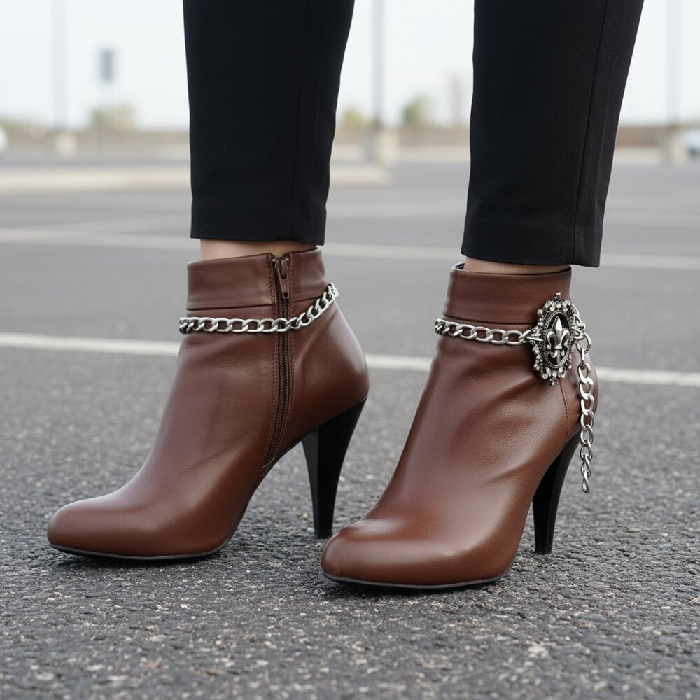 NEW Women 2PCS Silver Metal Boot Chain Shoe Anklet Bling Fleur De Lis Charm PAIR - Picture 11 of 17